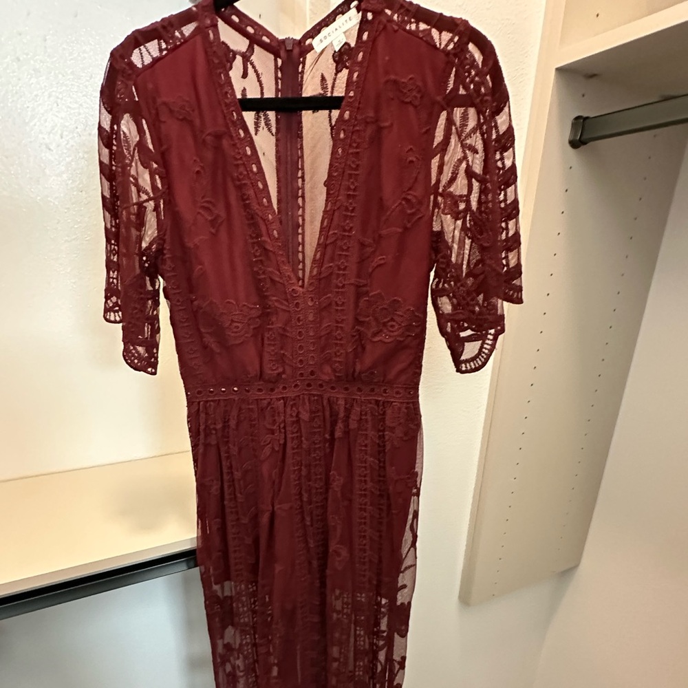 Socialite Red Flutter Sleeve Gown with Plunge Neckline